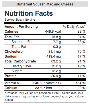 nutrition facts squash mac and cheese